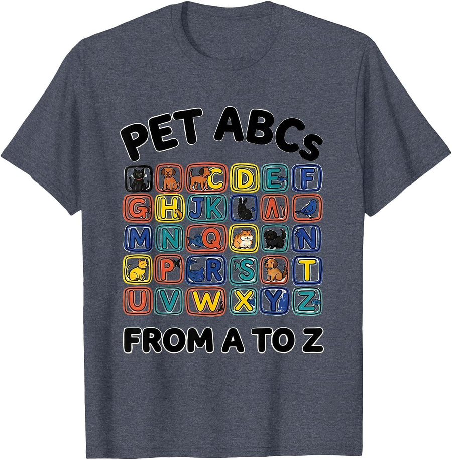 Pet ABCs From A To Z Educational Alphabet Kids Learning T-Shirt - Heather Blue