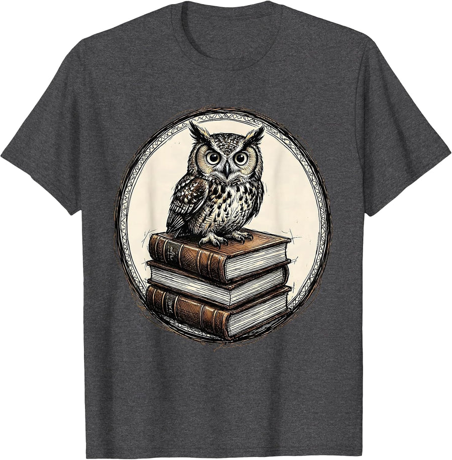 Men's Owl Perched on Stacked Leather Books Illustration T-Shirt - Dark Heather Grey