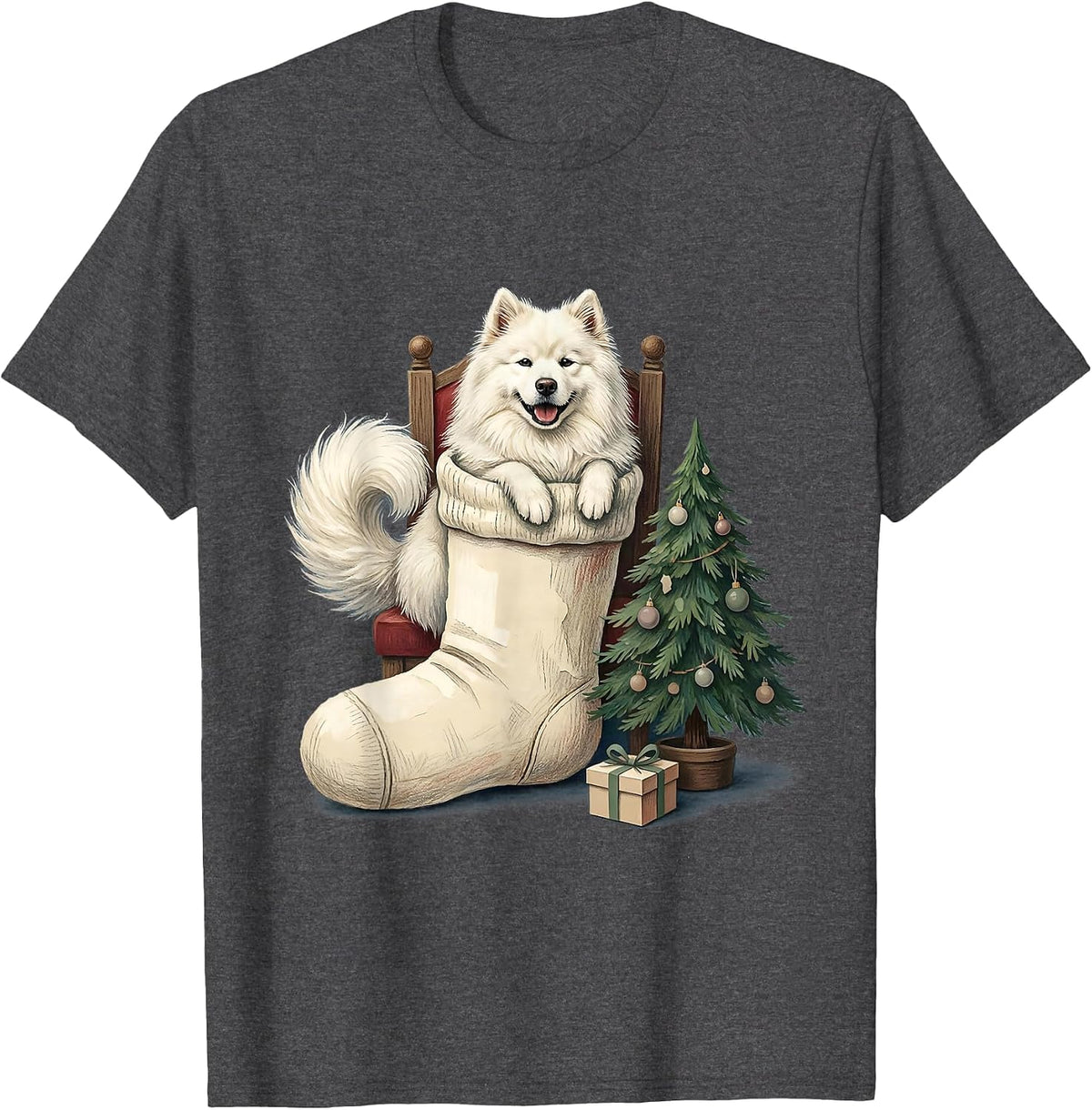 Men's Samoyed In Stocking Storybook Christmas Dog Lover Gift T-Shirt - Dark Heather Grey