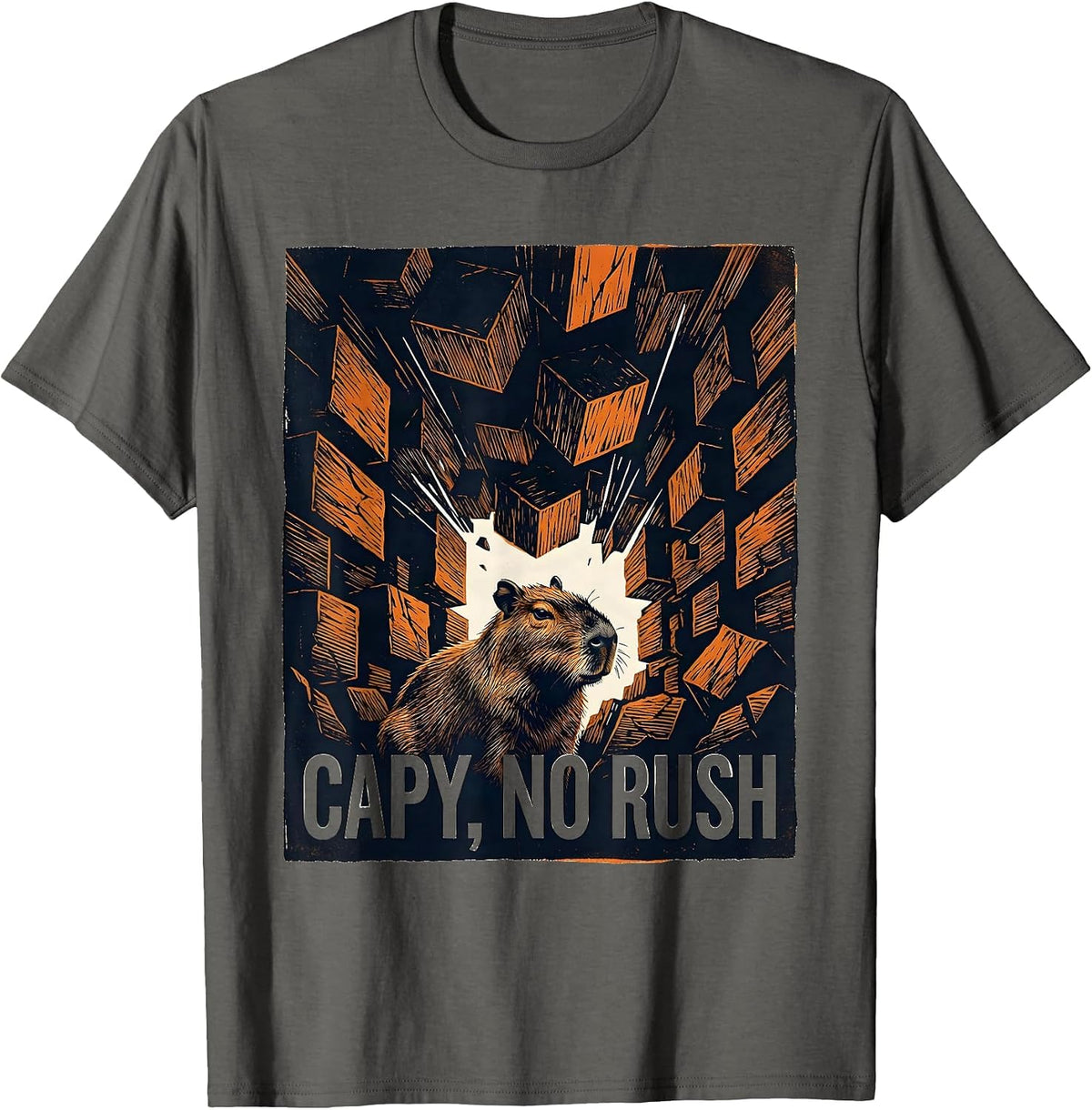 Men's capy no rush Linocut Funny Capybara Animal Meme Humor T-Shirt - Asphalt Grey