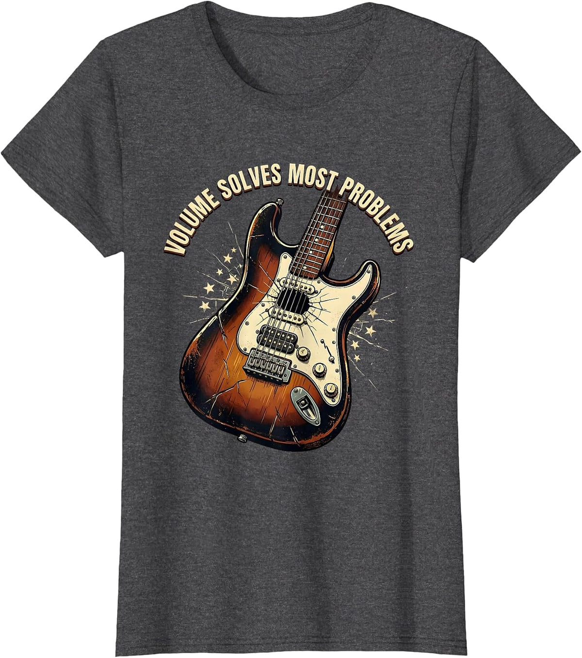 Women's Volume Solves Most Problems Rock N Roll Design T-Shirt - Dark Heather Grey