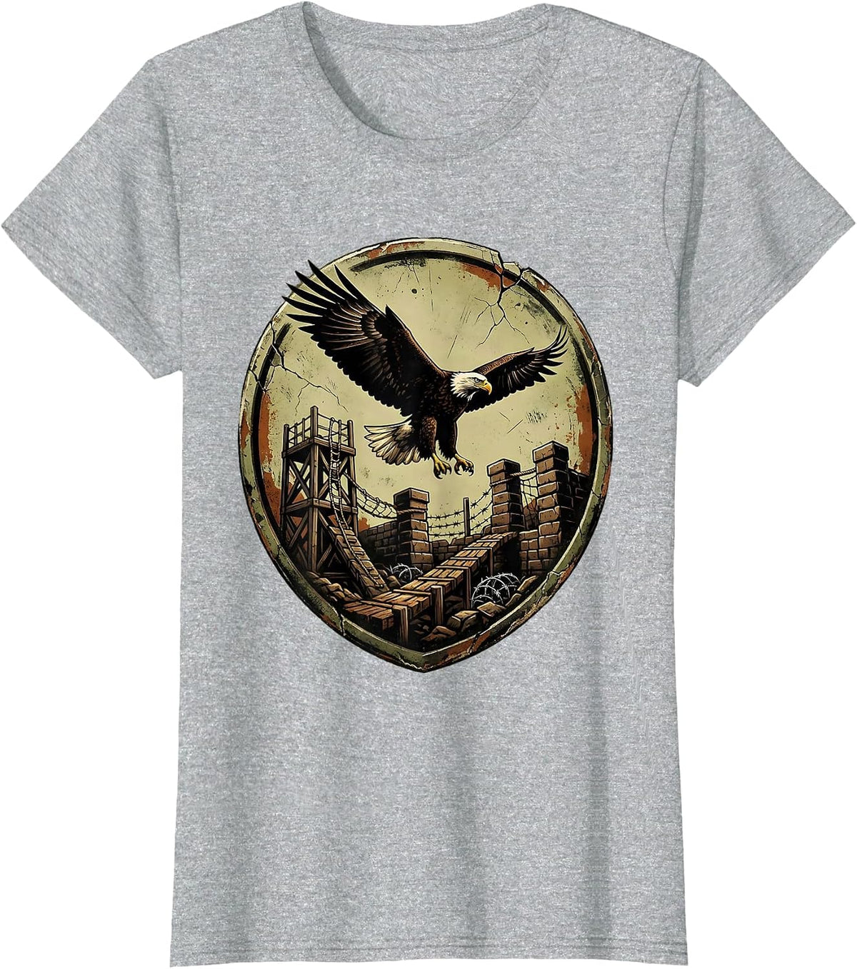 Eagle Soaring Over Military Obstacle Course T-Shirt - Heather Grey