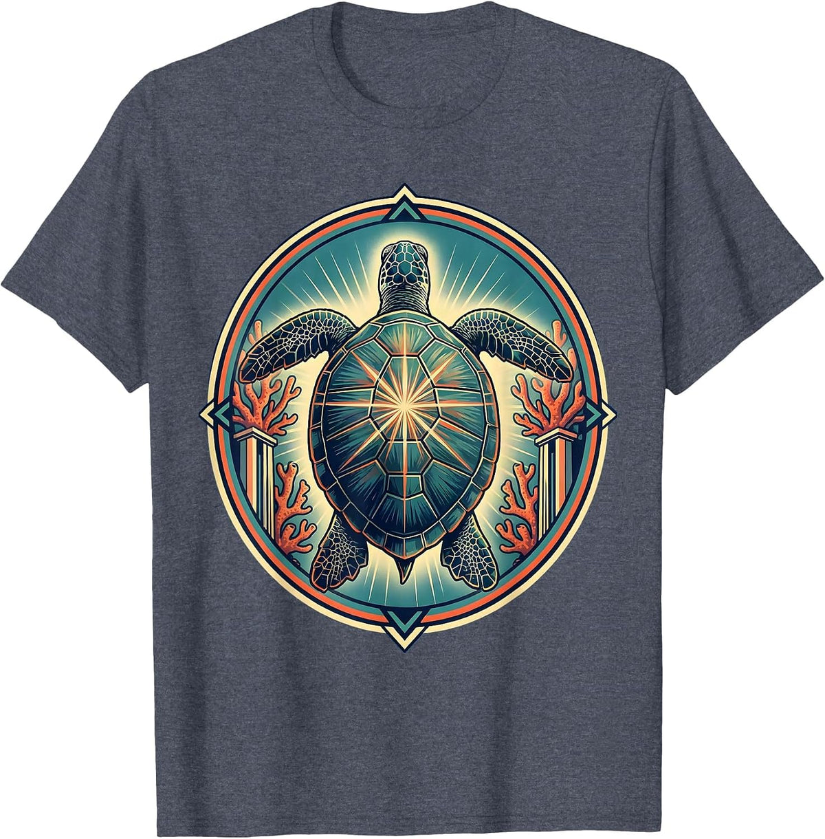 Costa Rica Sea Turtle Coral Reef Illustration T-Shirt - Heather Blue