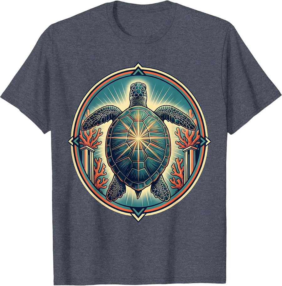 Costa Rica Sea Turtle Coral Reef Illustration T-Shirt - Heather Blue