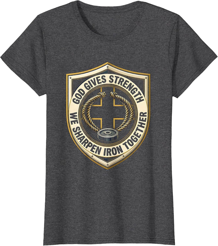 Women's God Gives Strength; We Sharpen Iron Together Christian Gym T-Shirt - Dark Heather Grey