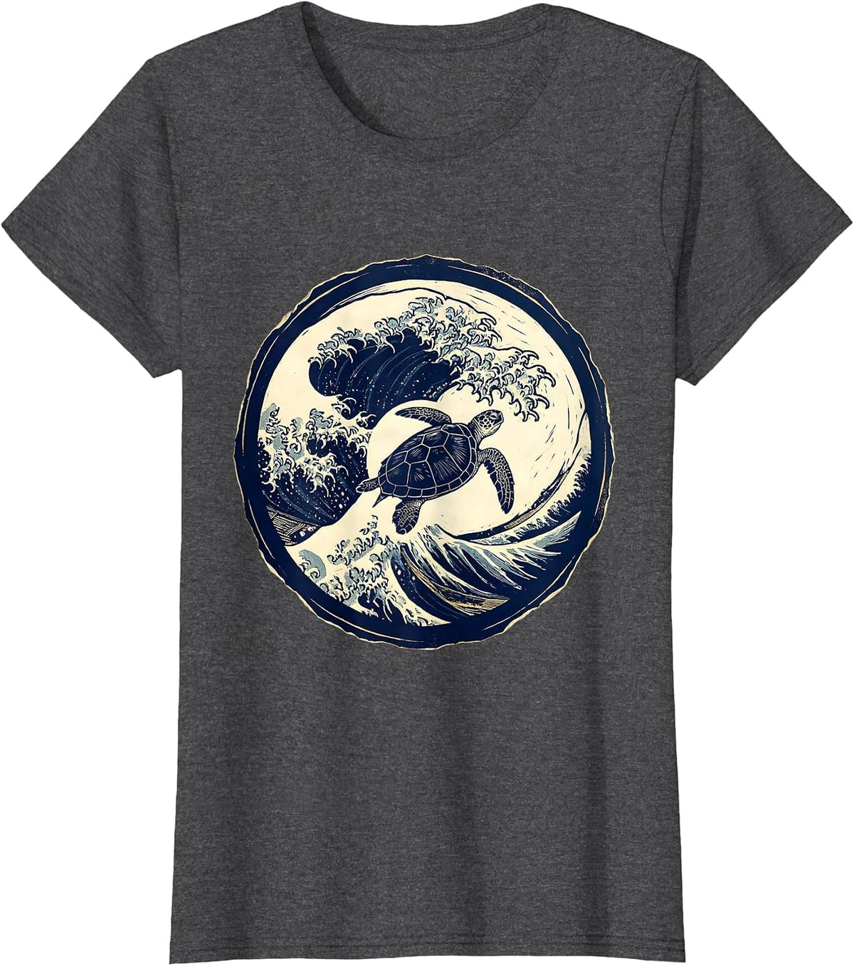 Women's Turtle Silhouette Crashing Ocean Wave Graphic T-Shirt - Dark Heather Grey