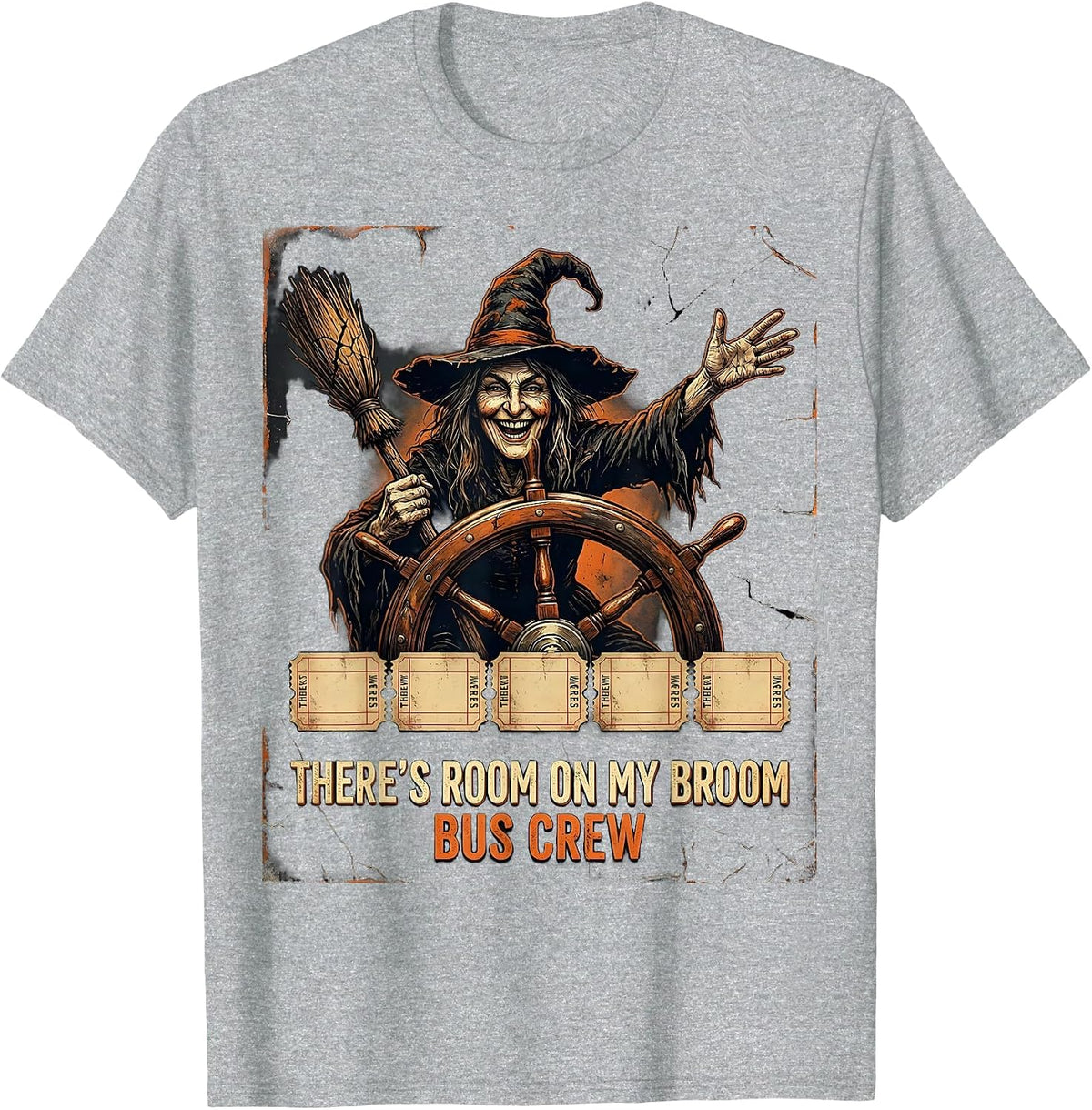 Men's There's Room On My Broom Bus Crew Distressed Halloween T-Shirt - Heather Grey