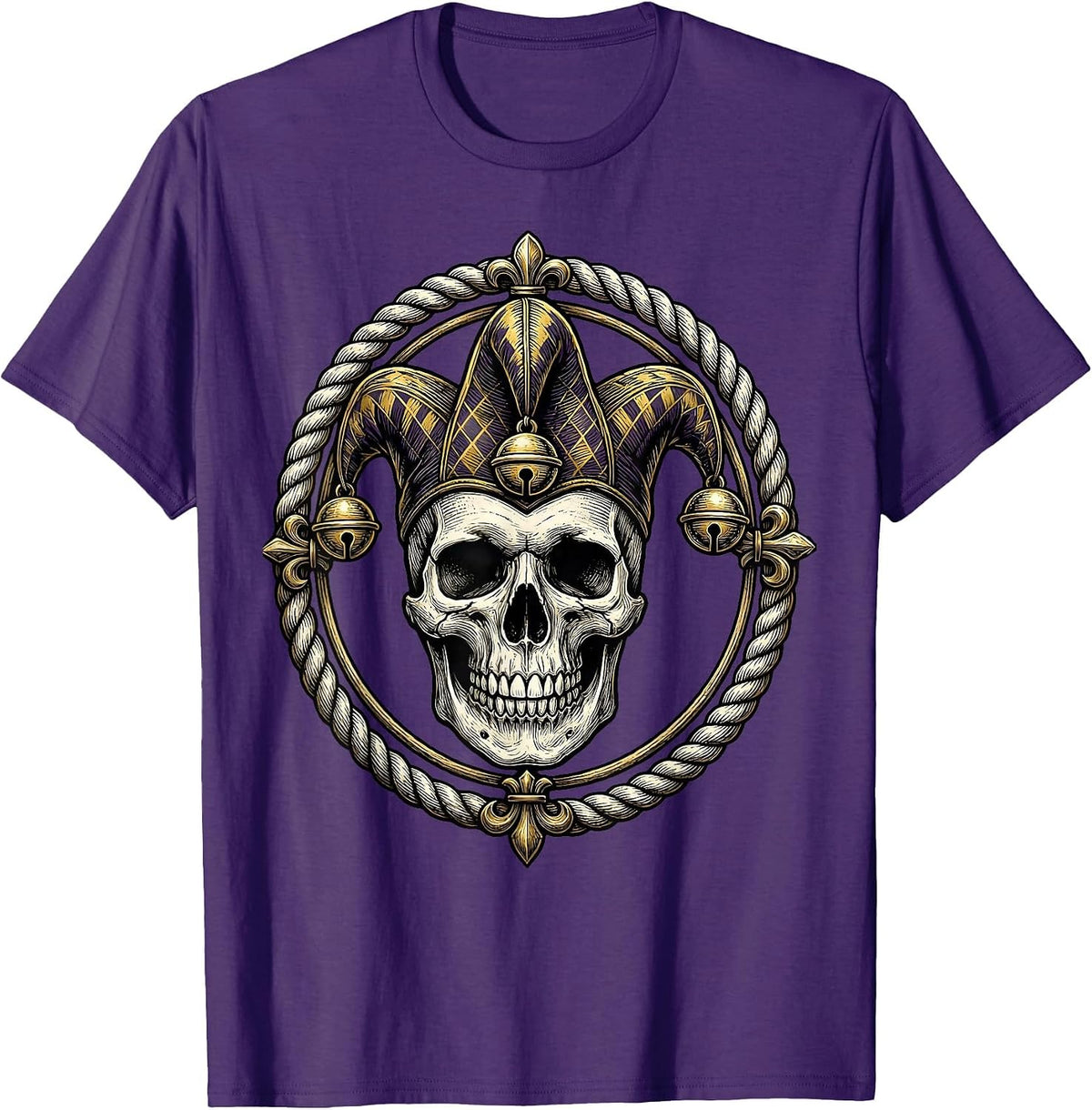 Mardi Gras Jester Skull Three-Pointed Hat T-Shirt - Purple