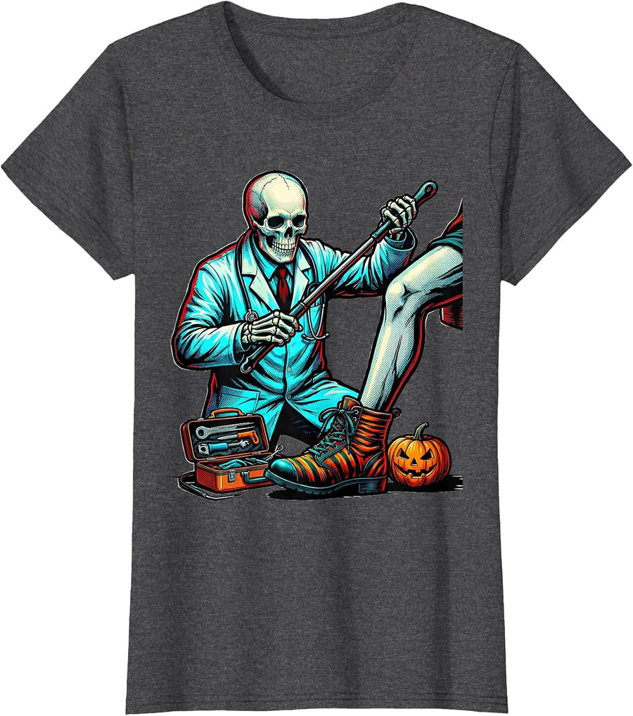 Women's Skeleton Therapist Halloween Pop Art Physical Therapy Humor T-Shirt - Dark Heather Grey