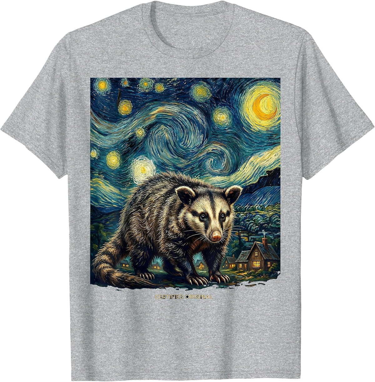 Men's Certified Original Opossum Van Gogh Starry Night Animal Art T-Shirt - Heather Grey