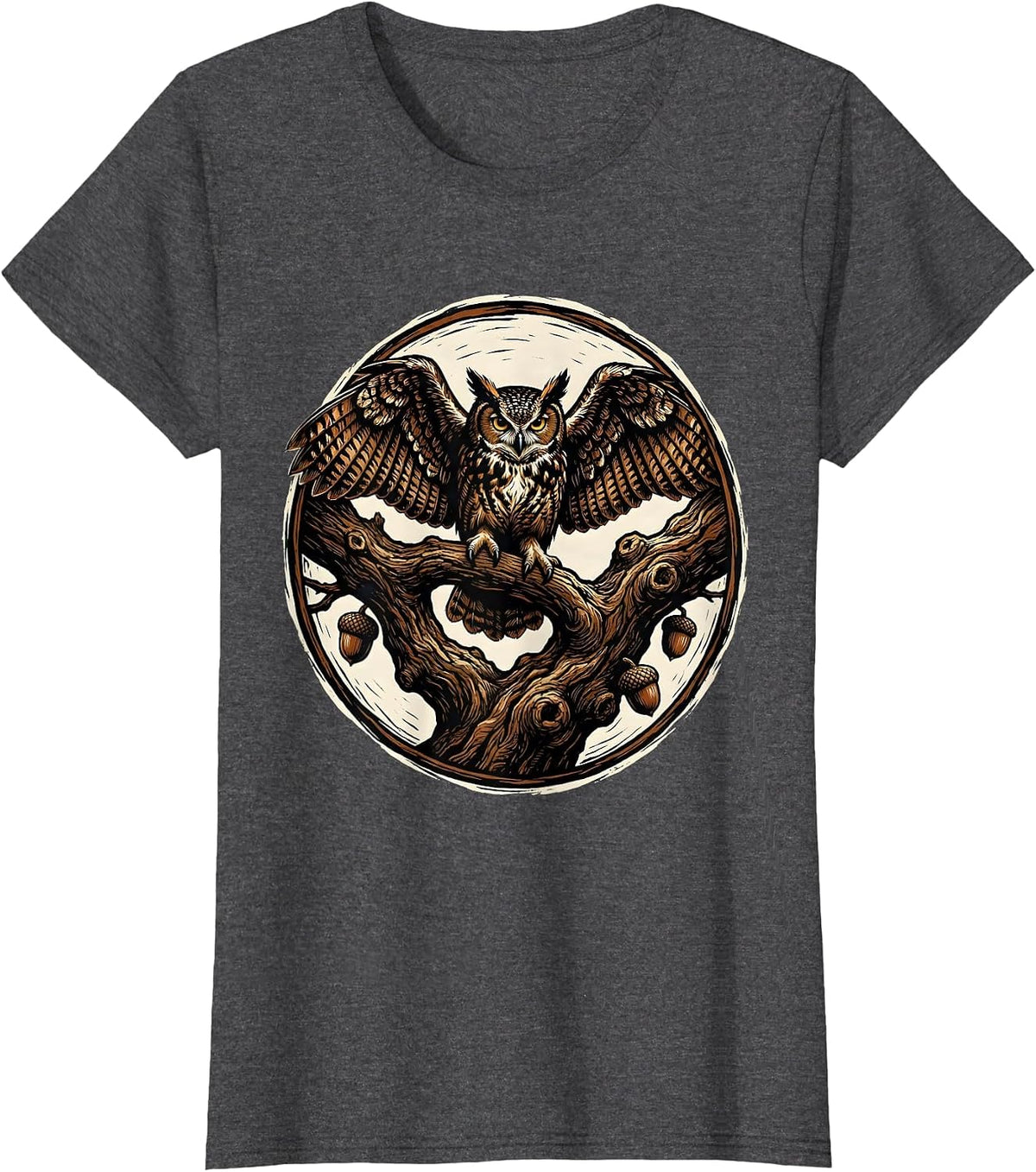 Women's Owl on Gnarled Oak Branch Fall Nature Design T-Shirt - Dark Heather Grey
