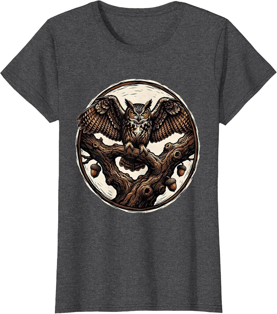 Women's Owl on Gnarled Oak Branch Fall Nature Design T-Shirt - Dark Heather Grey
