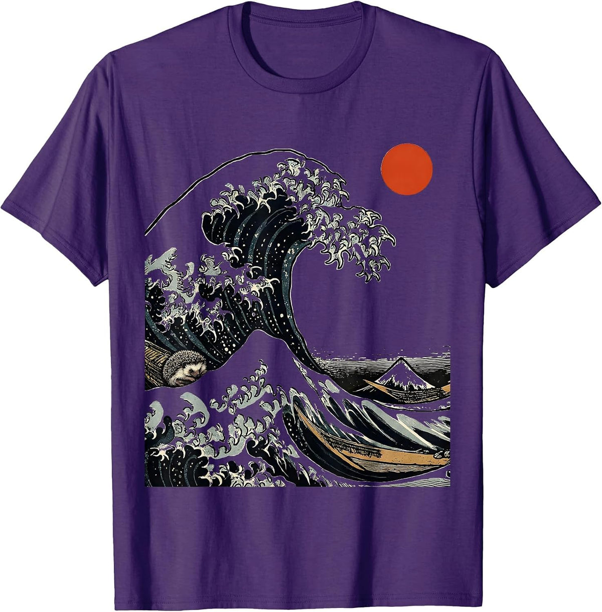 Curling Wave Hedgehog Woodcut Engraving Animal Art T-Shirt - Purple