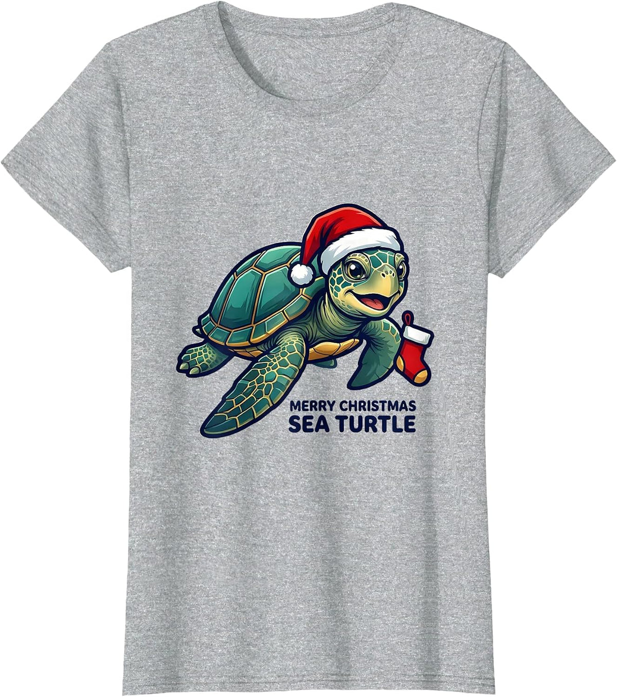 Merry Christmas Sea Turtle Santa Hat Whimsical Novelty Gift T-Shirt - Heather Grey