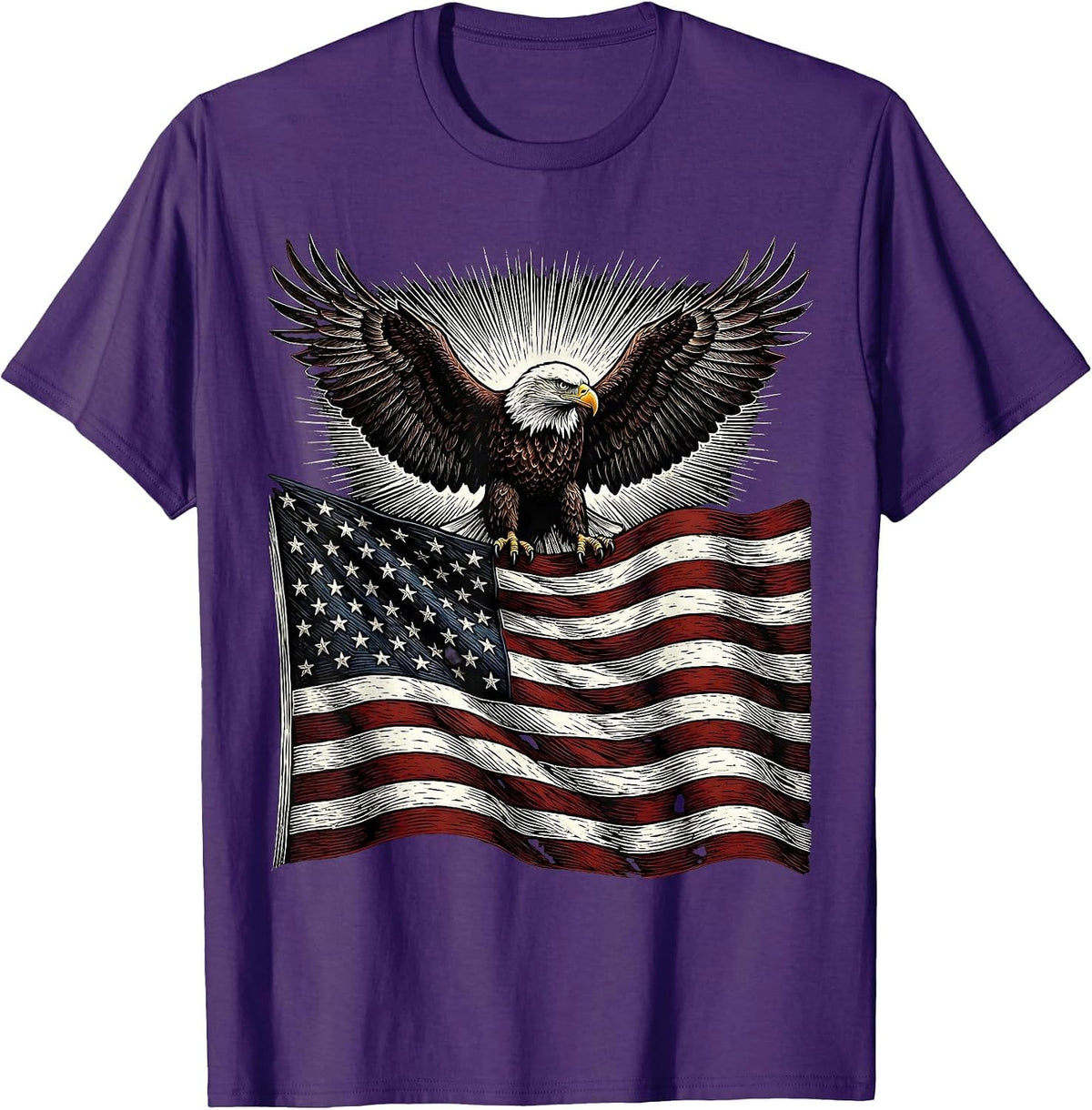 Men's Eagle Soaring Over American Flag Patriotic Design T-Shirt - Purple