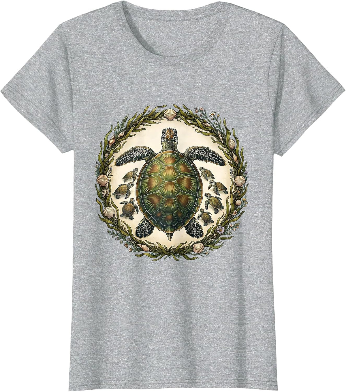 Mother Turtle and Hatchlings Beach Illustration T-Shirt - Heather Grey