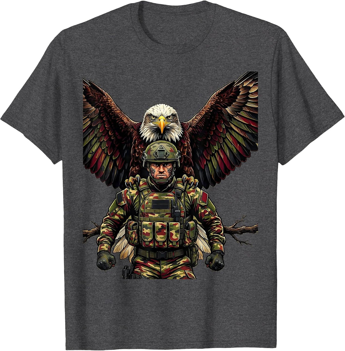 Camo Soldier and Eagle Patriotic Graphic Tee T-Shirt - Dark Heather Grey