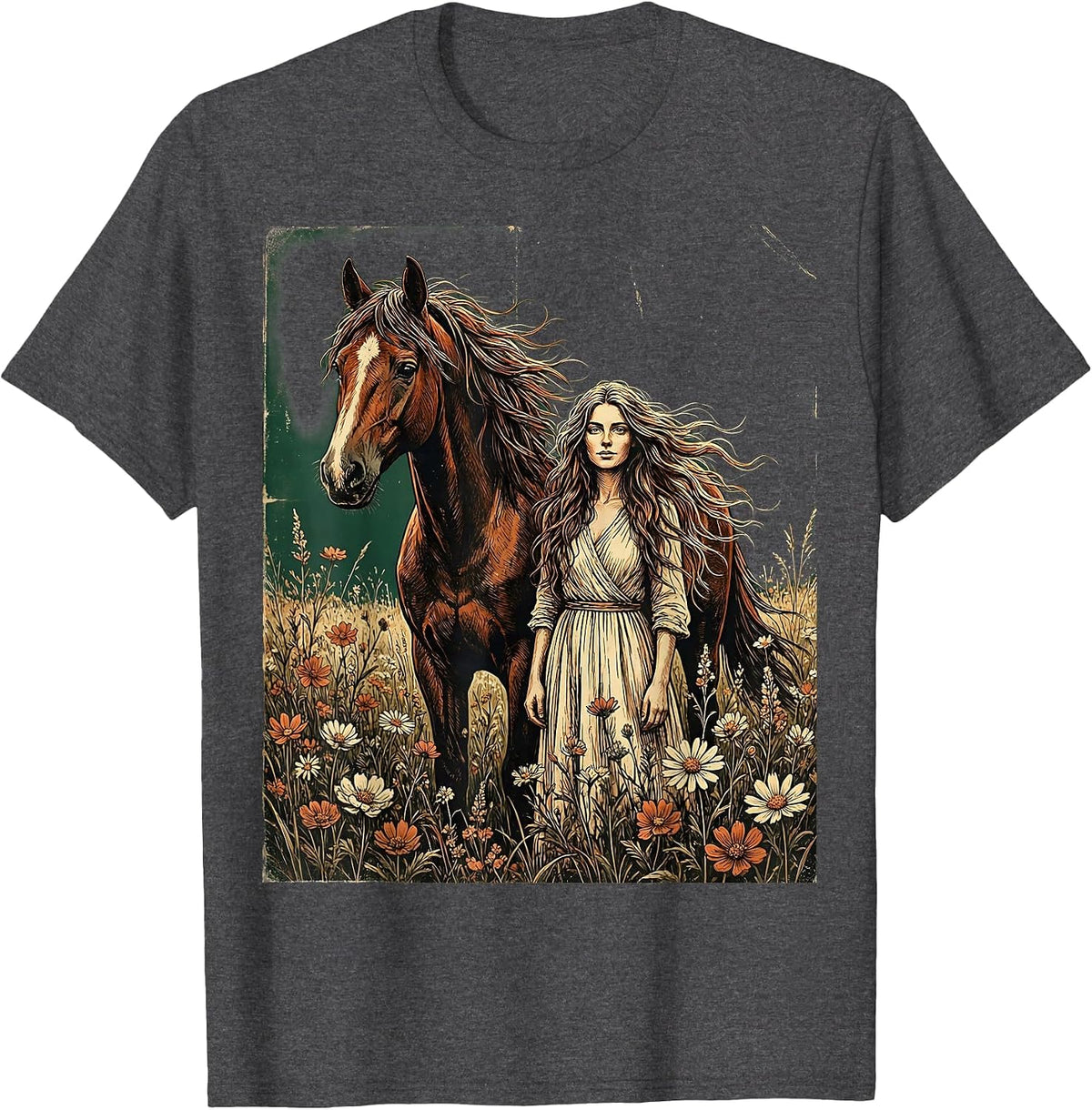 Woman and Horse Wildflower Field Illustration T-Shirt - Dark Heather Grey