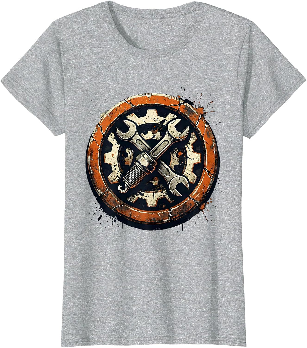 Women's Mechanic Wrench and Spark Plug Crossed Design T-Shirt - Heather Grey
