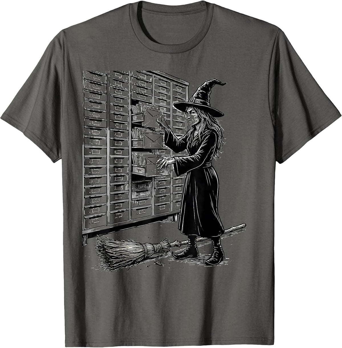 Witch Postal Clerk Halloween Occupation Humor T-Shirt - Asphalt Grey