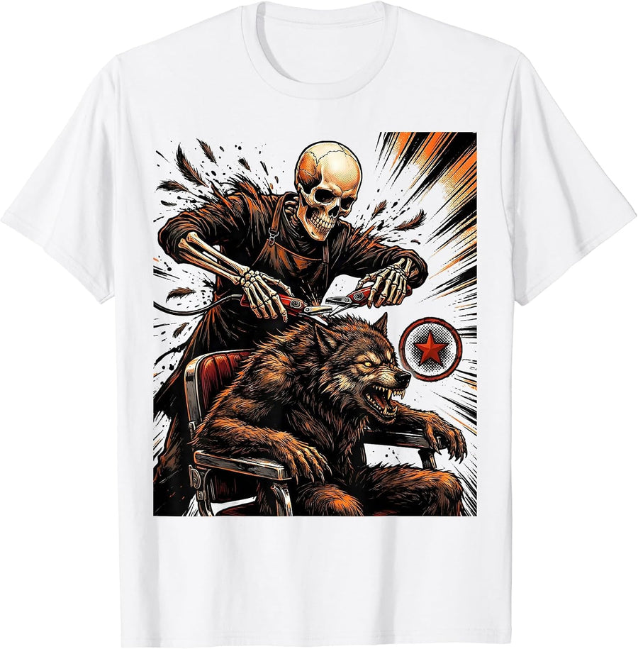 Men's Skeleton Hairstylist Halloween Humor Barber Hairdresser T-Shirt - White