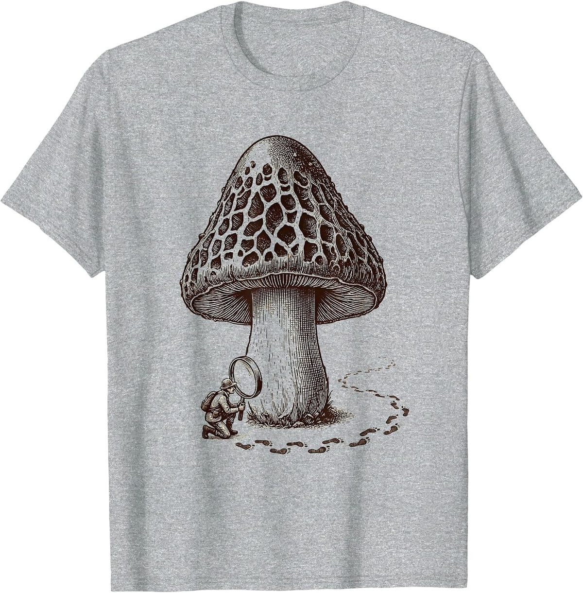 Men's Morel Forager Crosshatch Etching Funny Mushroom Hunting T-Shirt - Heather Grey