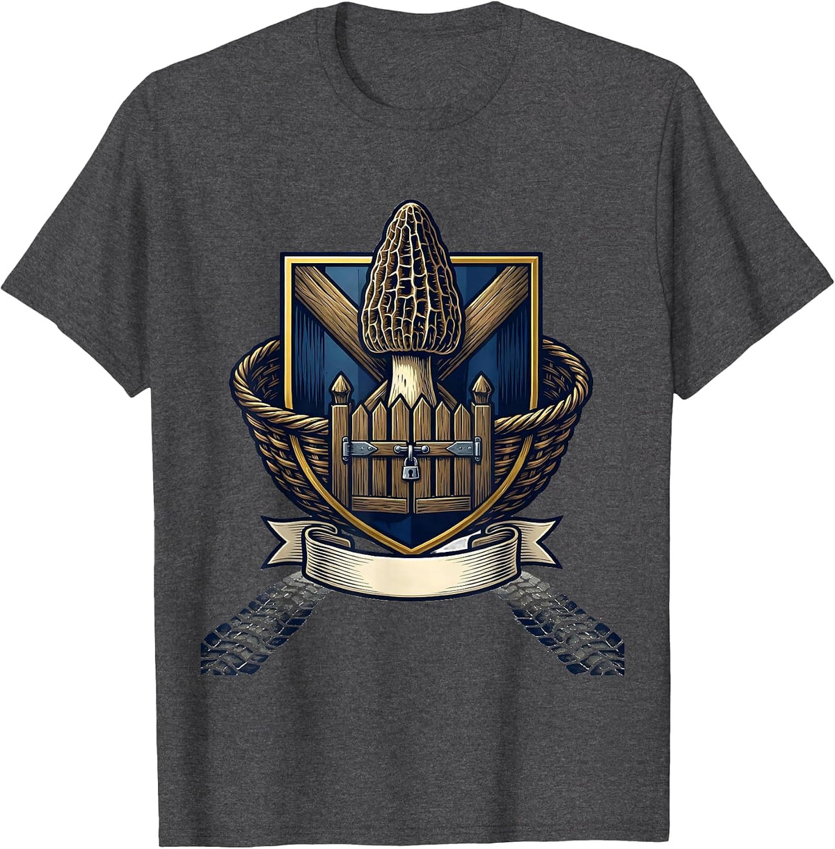 Men's Symmorphic Morel Emblem Mushroom Forager Gift T-Shirt - Dark Heather Grey