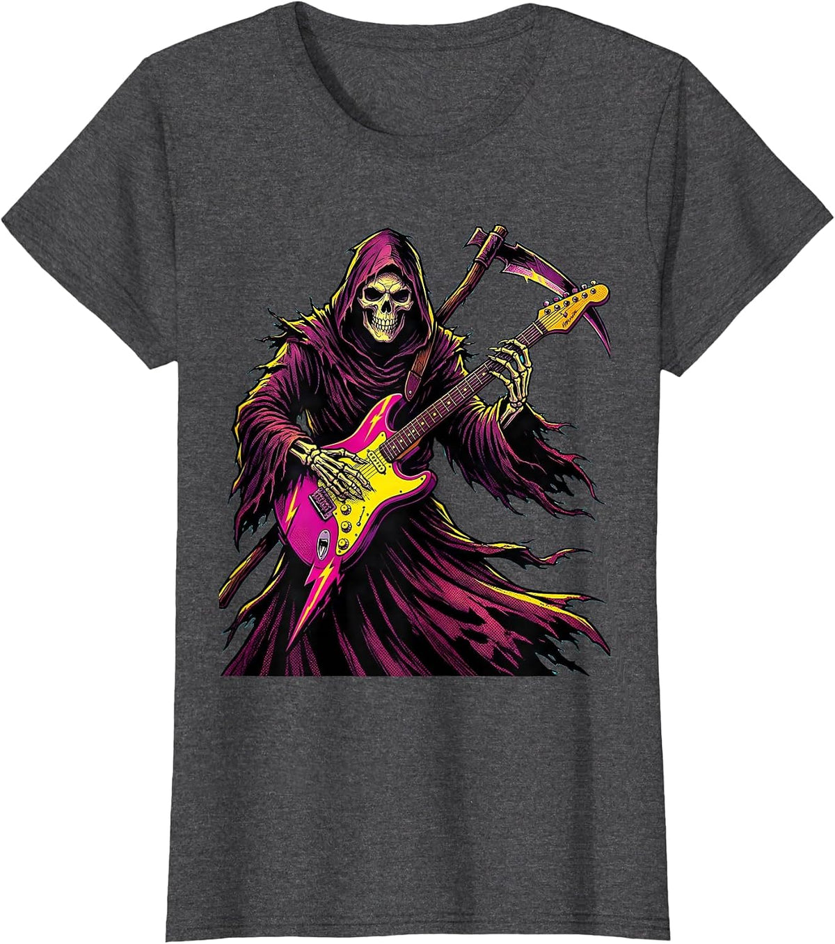Women's Grim Reaper Electric Guitar Halloween Design T-Shirt - Dark Heather Grey