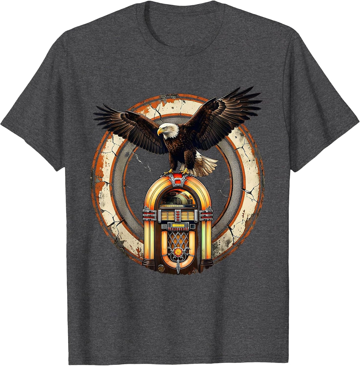 Men's Vintage 1975 Bald Eagle Jukebox Retro Design T-Shirt - Dark Heather Grey