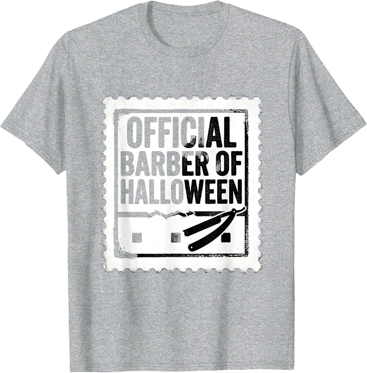 Men's Official Barber Of Halloween Rubber Stamp Skeleton Barber T-Shirt - Heather Grey