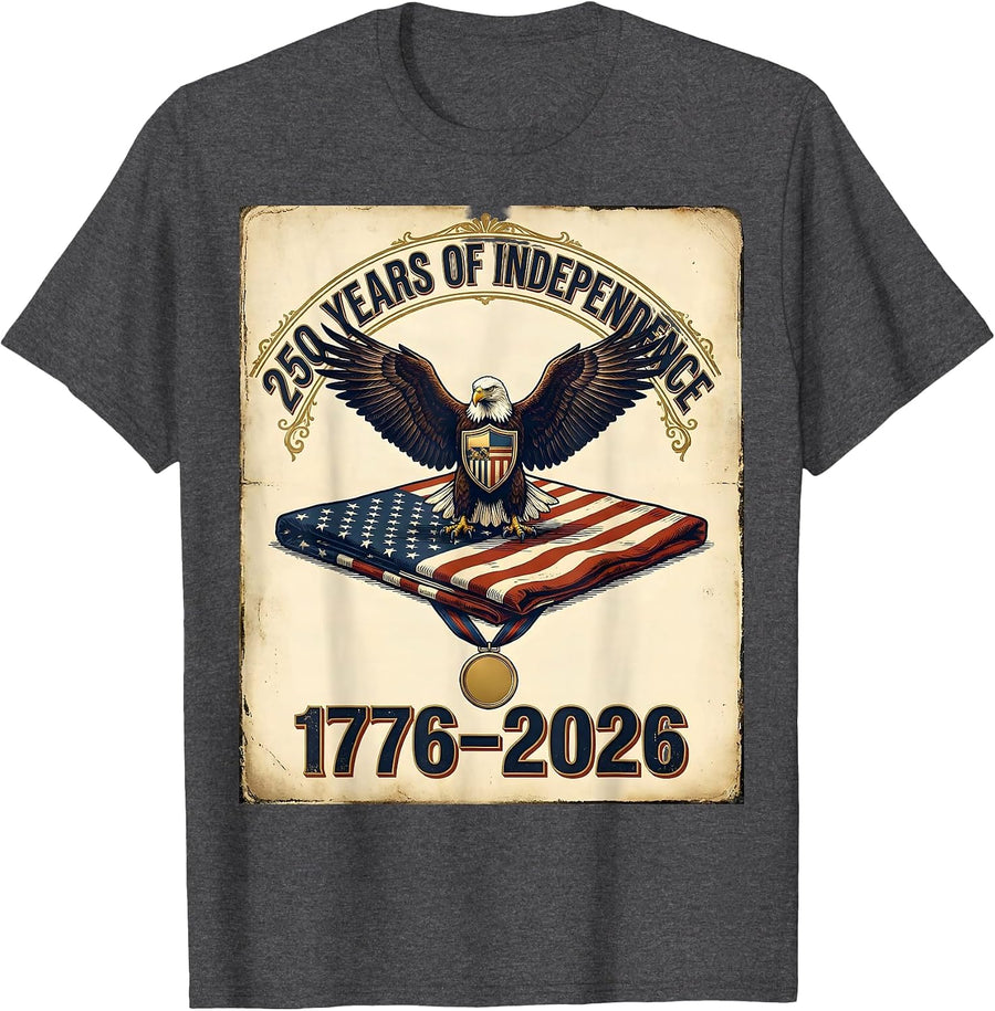 Men's 250 Years Of Independence 1776–2026 Vintage Patriotic Eagle T-Shirt - Dark Heather Grey