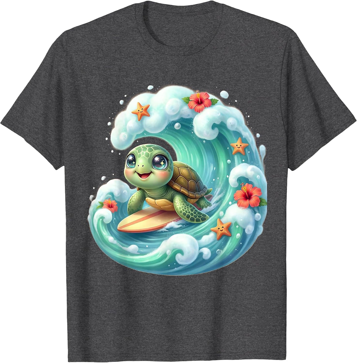 Baby Sea Turtle Surfing Wave Kids Hawaiian T-Shirt - Dark Heather Grey