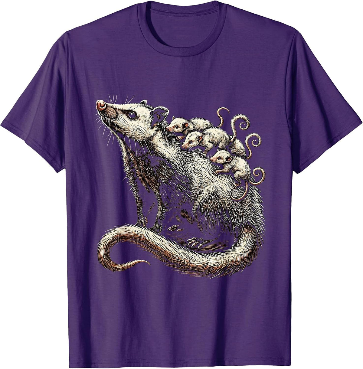 Opossum Mother and Babies Graphic Tee T-Shirt - Purple