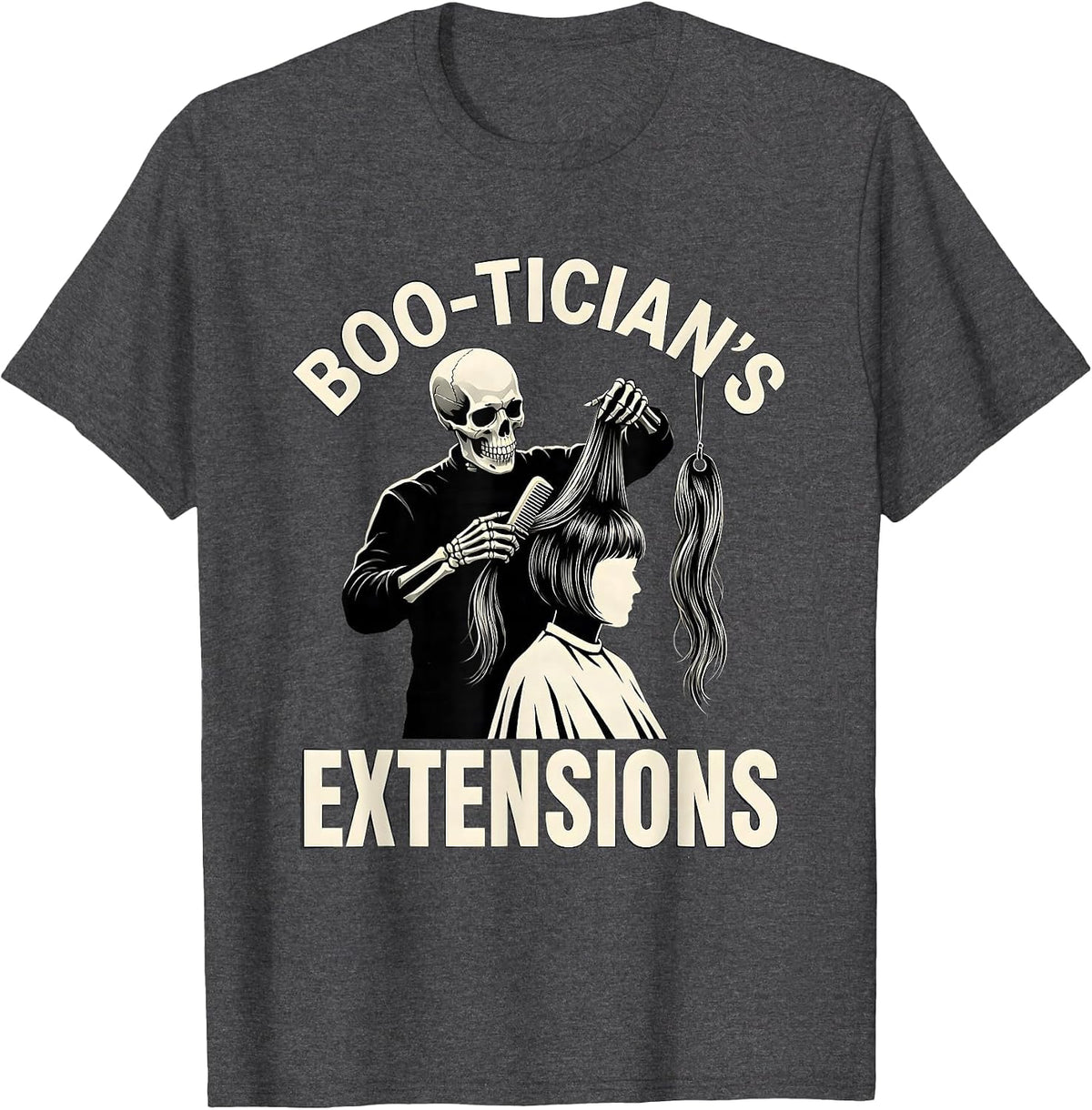 Men's Boo-tician's Extensions Skeleton Hairstylist Halloween Humor T-Shirt - Dark Heather Grey