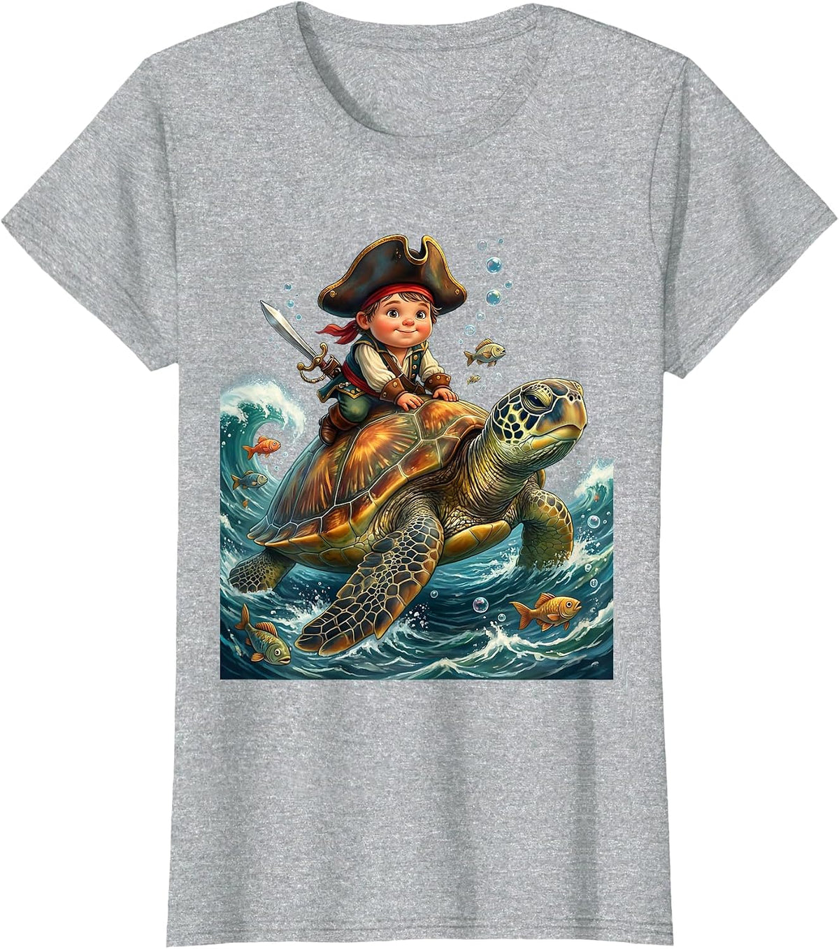 Tiny Pirate Riding a Giant Sea Turtle Kids Tee T-Shirt - Heather Grey