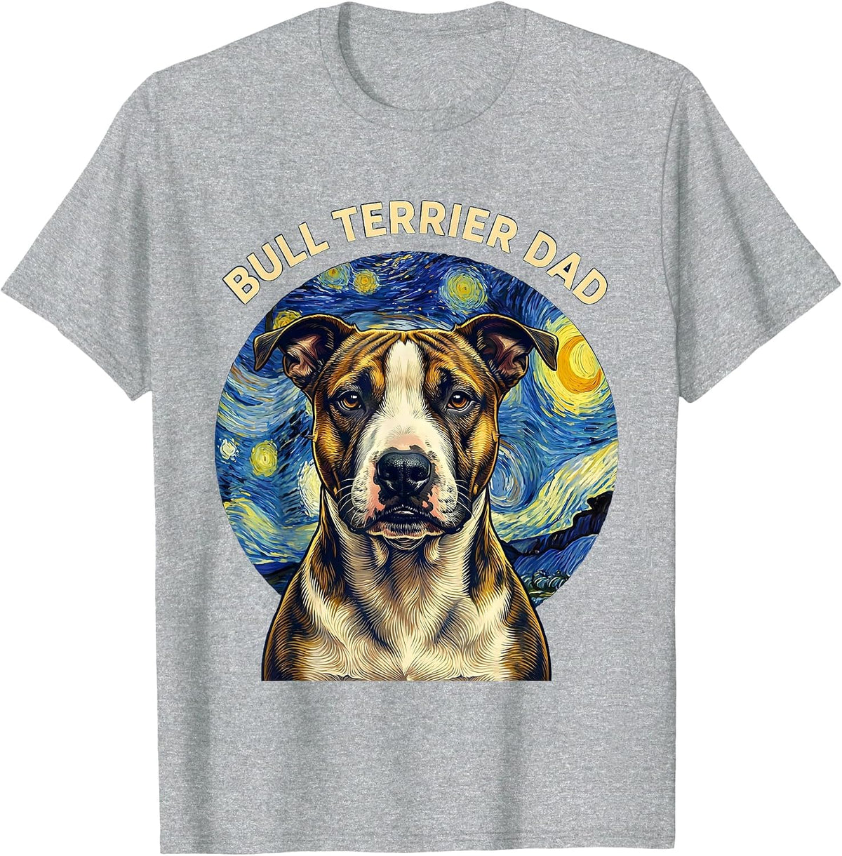 Men's Bull Terrier Dad Whimsical Art Homage Dog Breed Portrait T-Shirt - Heather Grey