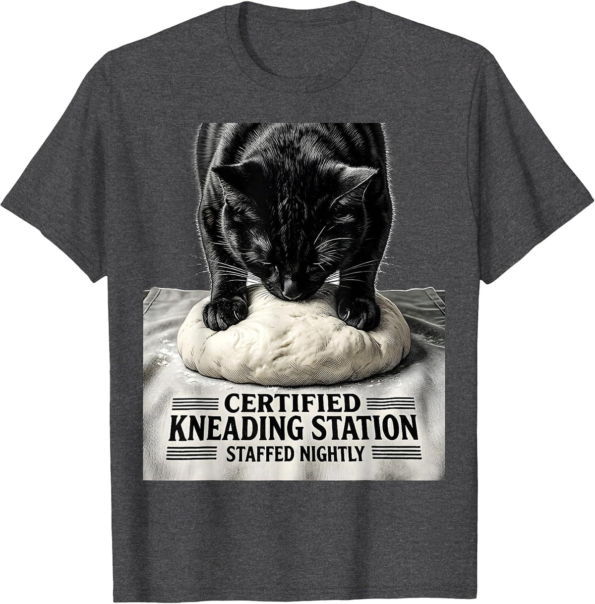 Men's Certified Kneading Station Staffed Nightly Cat Lover T-Shirt - Dark Heather Grey