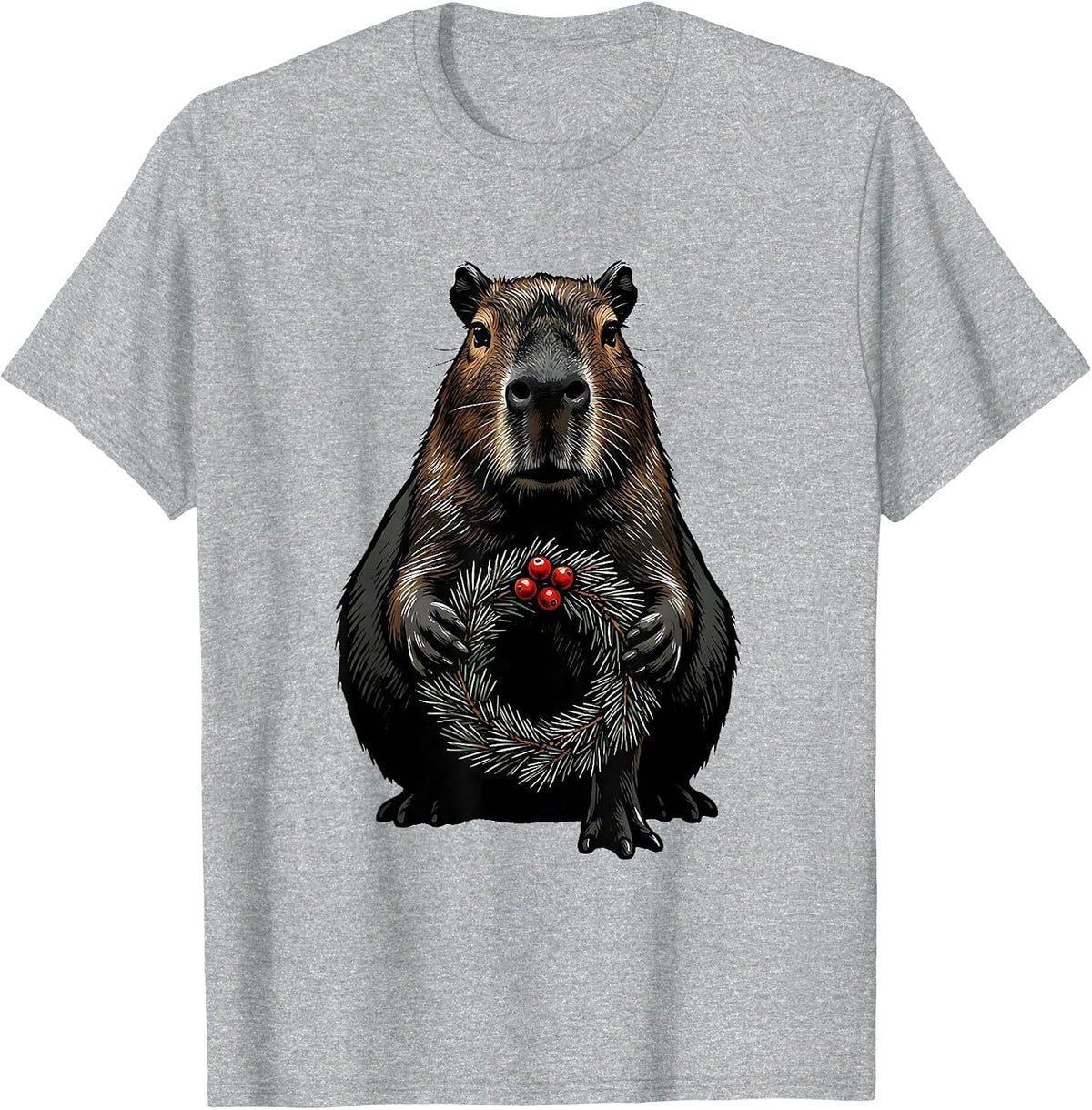 Men's Capybara Christmas Wreath Animal Lover Humor T-Shirt - Heather Grey