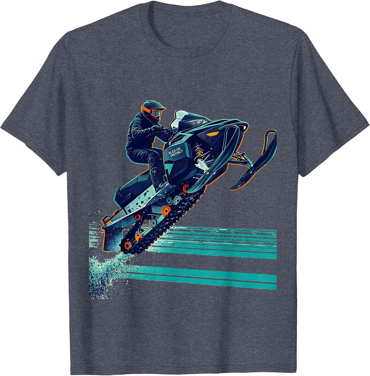 Sled On Instinct Risograph Snowmobile Rider Winter Sports T-Shirt - Heather Blue
