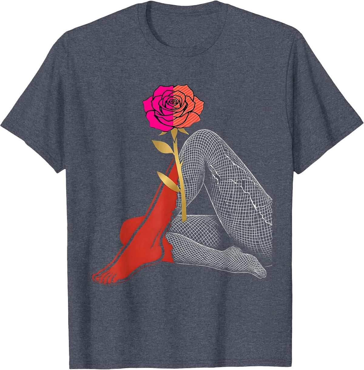 Torn Fishnet Stocking Rose Bloom Rock Graphic T-Shirt - Heather Blue