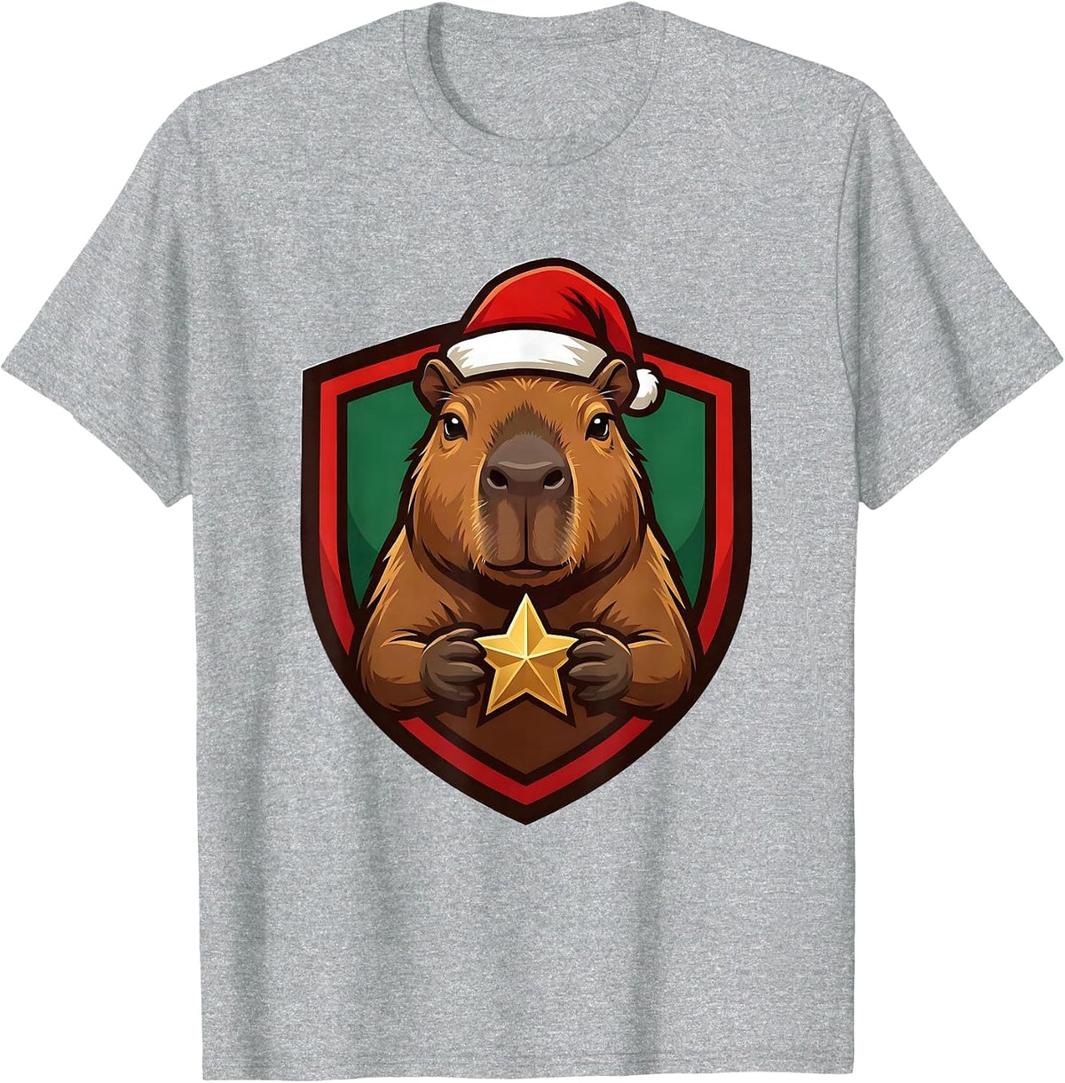 Men's Capybara Santa Hat Shield Badge Cute Christmas Animal Lover T-Shirt - Heather Grey