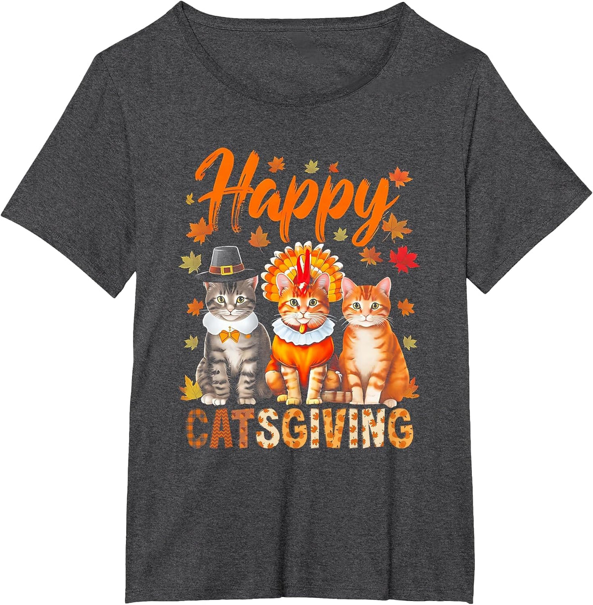 Happy Catsgiving Cute Thanksgiving Cat Wears Pilgrim Hat T-Shirt - Dark Heather Grey