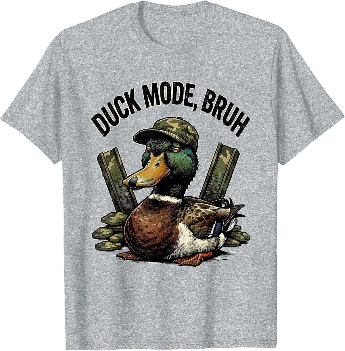 Men's Duck Mode, Bruh Distressed Camo Duck Lover Outdoor Humor T-Shirt - Heather Grey