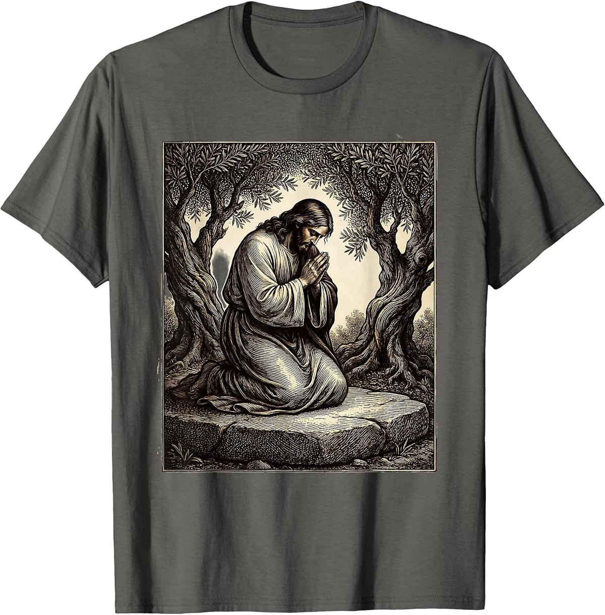Jesus Kneeling in the Garden of Gethsemane T-Shirt - Asphalt Grey