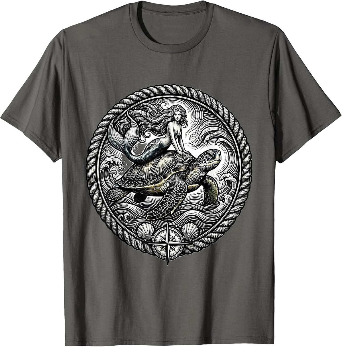 Men's Mermaid Riding Giant Sea Turtle Ocean Waves T-Shirt - Asphalt Grey