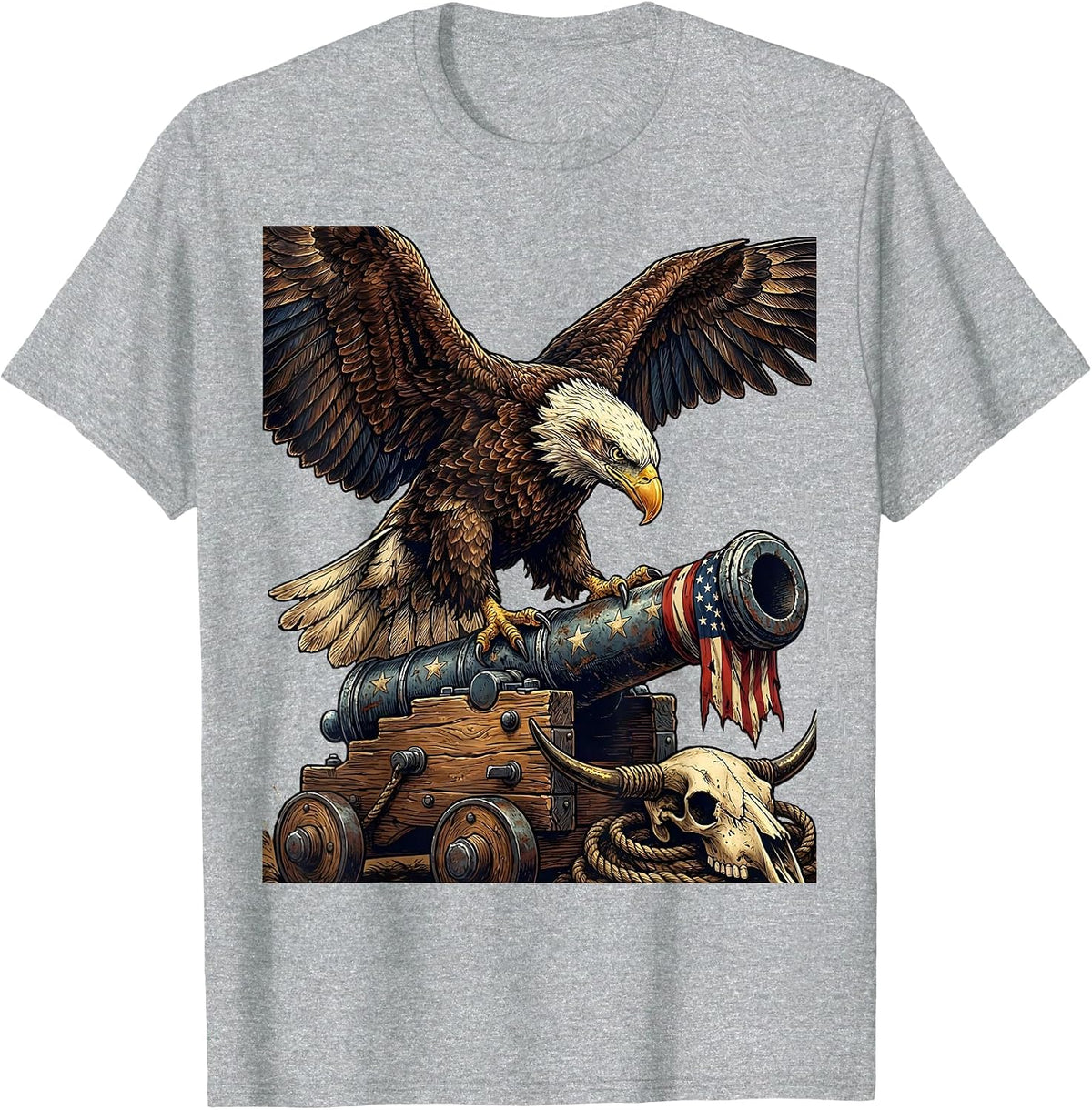 Men's Red White and Blue Eagle on Cannon Graphic T-Shirt - Heather Grey