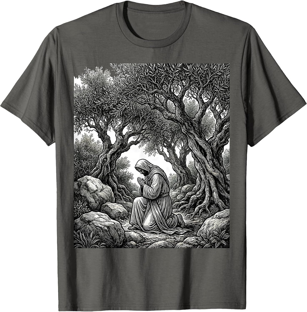 Jesus Kneeling in Gethsemane Garden Illustration T-Shirt - Asphalt Grey