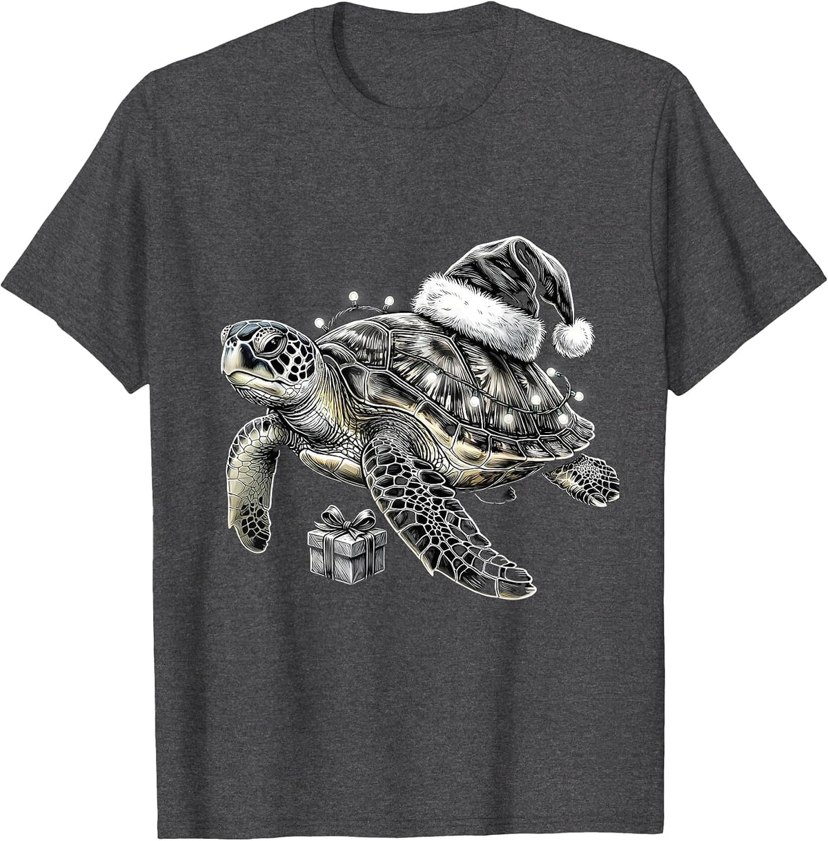 Sea Turtle Santa Hat Holiday Lights Animal Lover Christmas T-Shirt - Dark Heather Grey