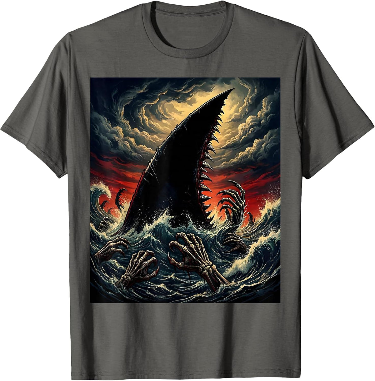 Men's Shark Dorsal Fin Stormy Sunset Illustration T-Shirt - Asphalt Grey