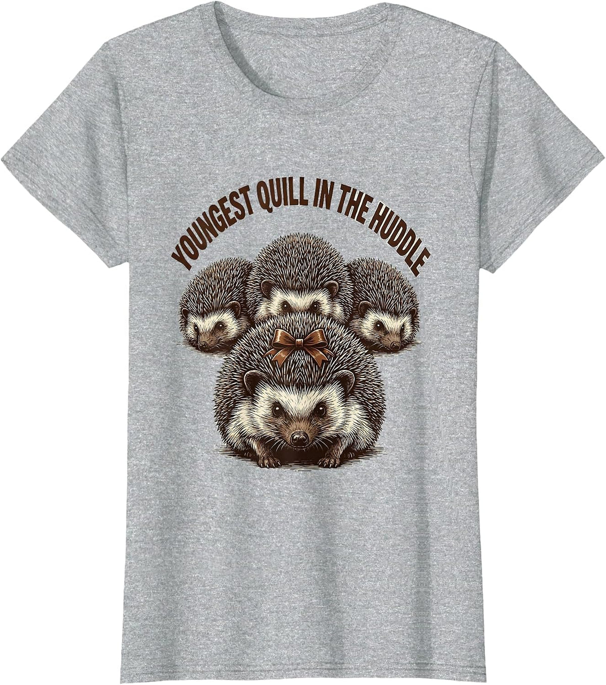 Women's Youngest Quill In The Huddle Cute Hedgehog Christmas Humor T-Shirt - Heather Grey